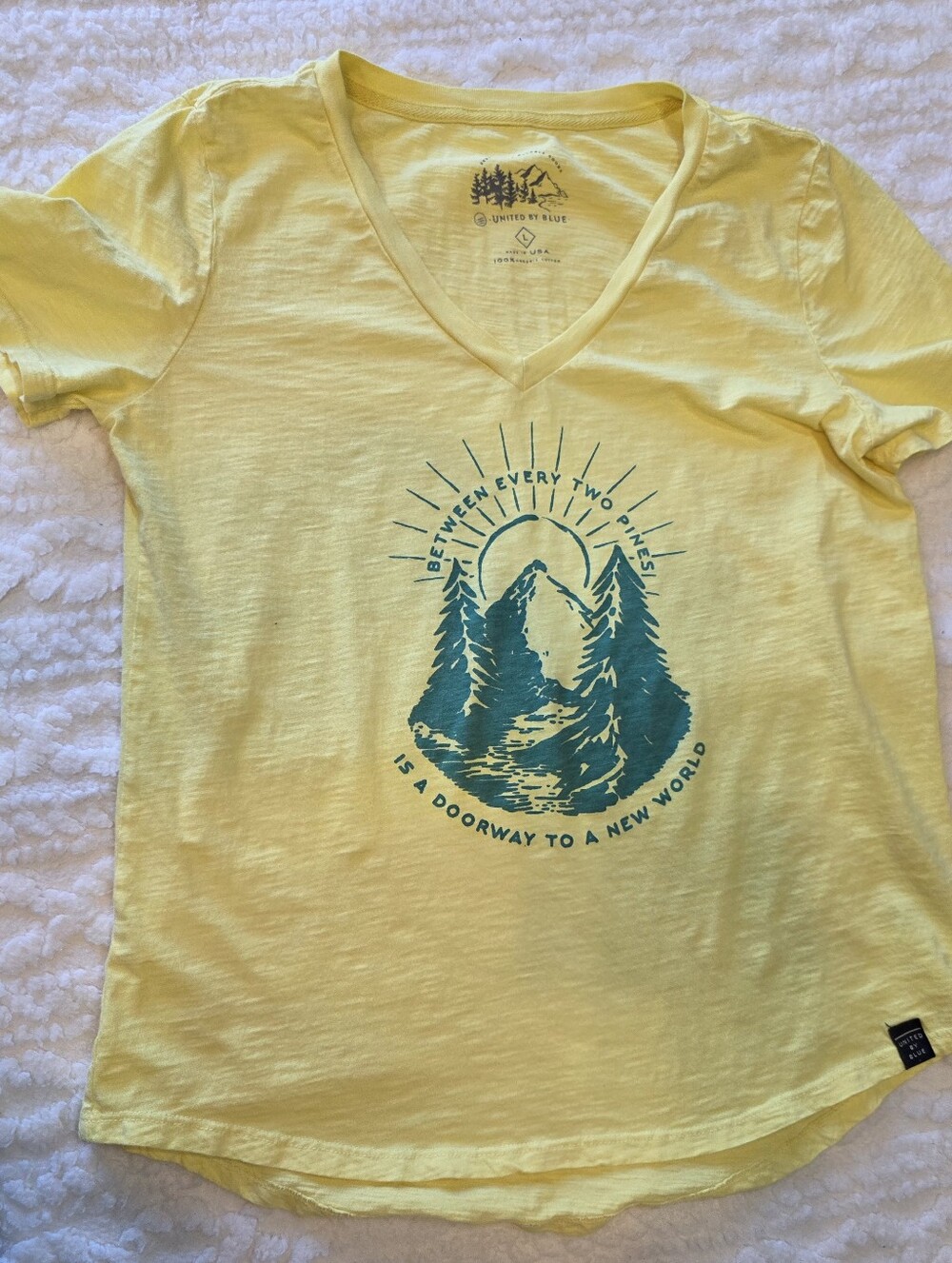 United By Blue Yellow Graphic V Neck Tee Organic Cotton Large